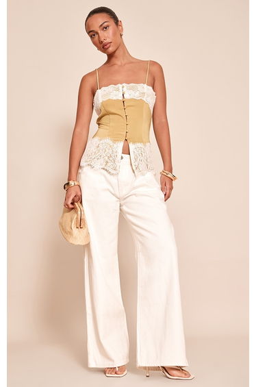 Olive Satin Button Up Lace Detail Cami