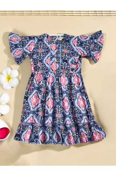 All-Over Printed Ruffled Hem Knee-Length Dress