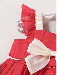 Girls Red Ruffled Detail Dress with Bow - 2
