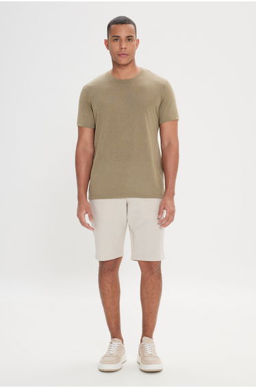 Men's Khaki Slim Fit Slim Fit Crew Neck Short Sleeve Linen Look T-Shirt