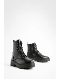 Lace Up Chunky Hiker Boots - black