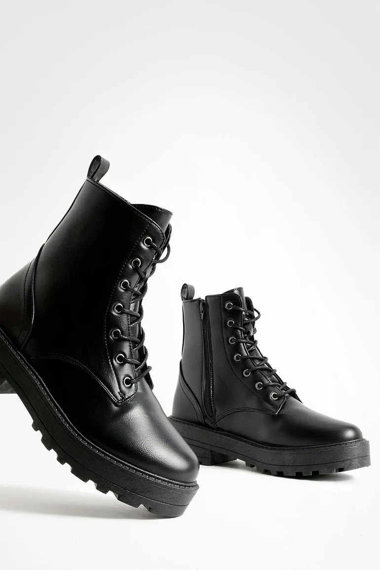 Lace Up Chunky Hiker Boots - black - 3