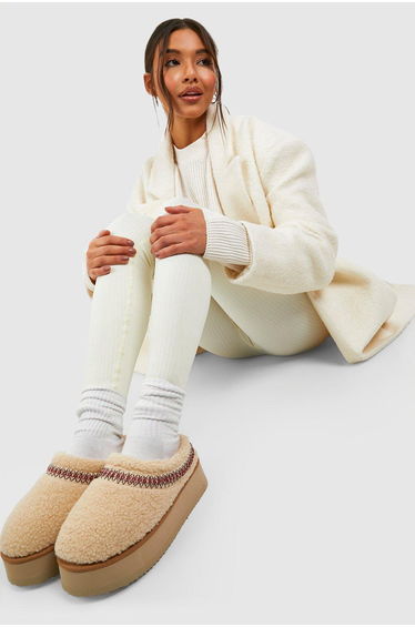 Borg Embroidered Platform Cosy Mules - beige