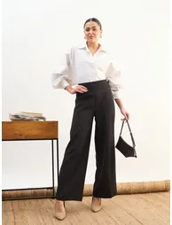 Black Elasticated Waist Wide Leg Trousers