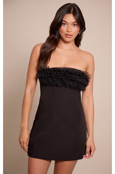 Black Woven Ruffle Bandeau Shift Dress
