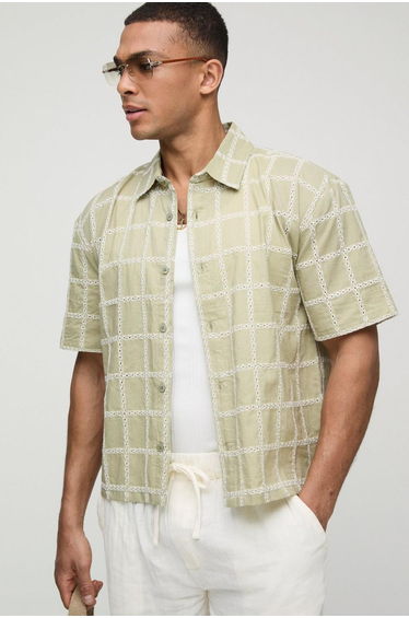 Oversized Boxy Embroiddery Check Collared Shirt - green