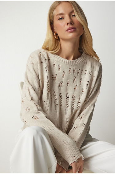 Women's Beige Torn Detailed Knitwear Sweater