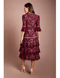 Lace Tiered Skirt 3/4 Sleeve Midi Dress - 1