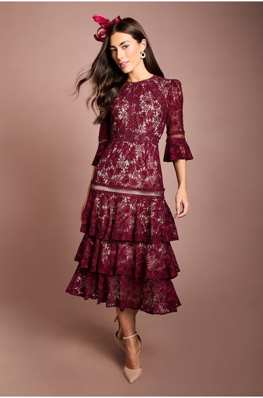 Lace Tiered Skirt 3/4 Sleeve Midi Dress