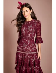 Lace Tiered Skirt 3/4 Sleeve Midi Dress - 3