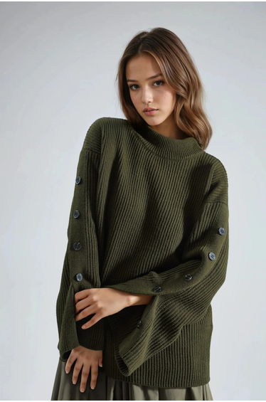 Thick Knit Slit and Button Detailed Sweater