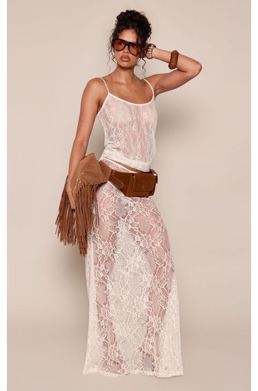 Cream Sheer Lace Maxi Skirt