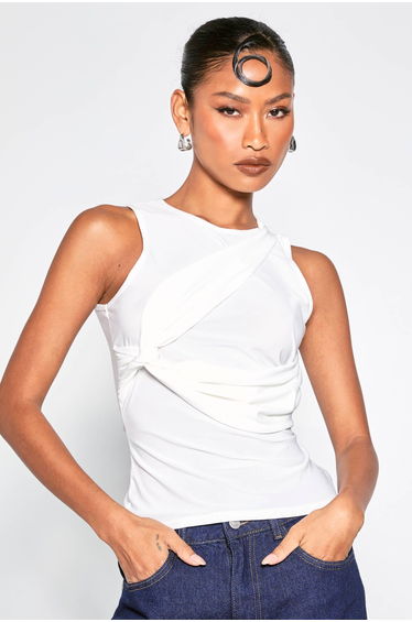 Matte Slinky Twist Front Detail Sleeveless Top - white
