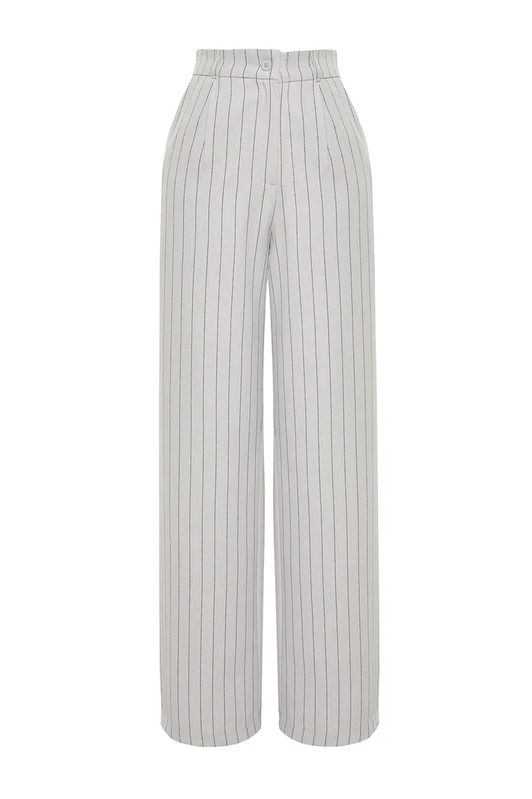 Gray High Waist Wide Leg Striped Woven Trousers - 6