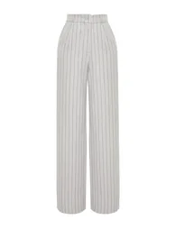 Gray High Waist Wide Leg Striped Woven Trousers - 6