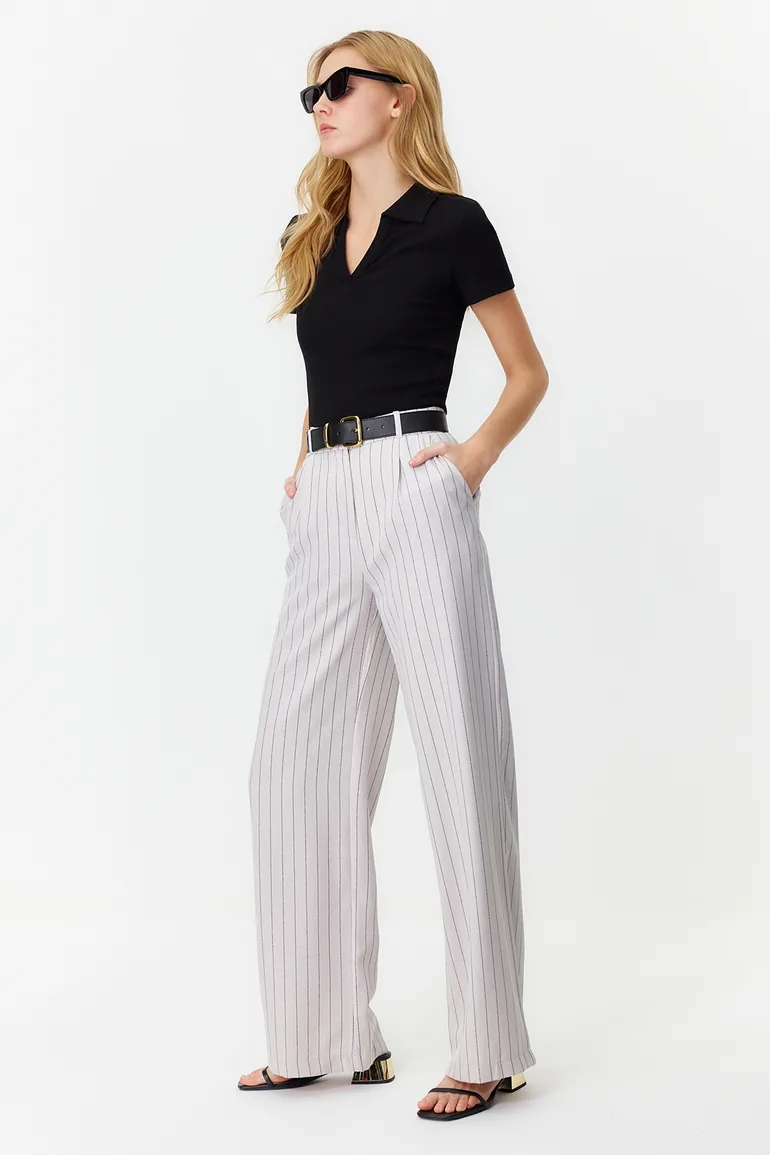 Gray High Waist Wide Leg Striped Woven Trousers - 1