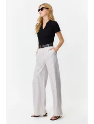 Gray High Waist Wide Leg Striped Woven Trousers - 1