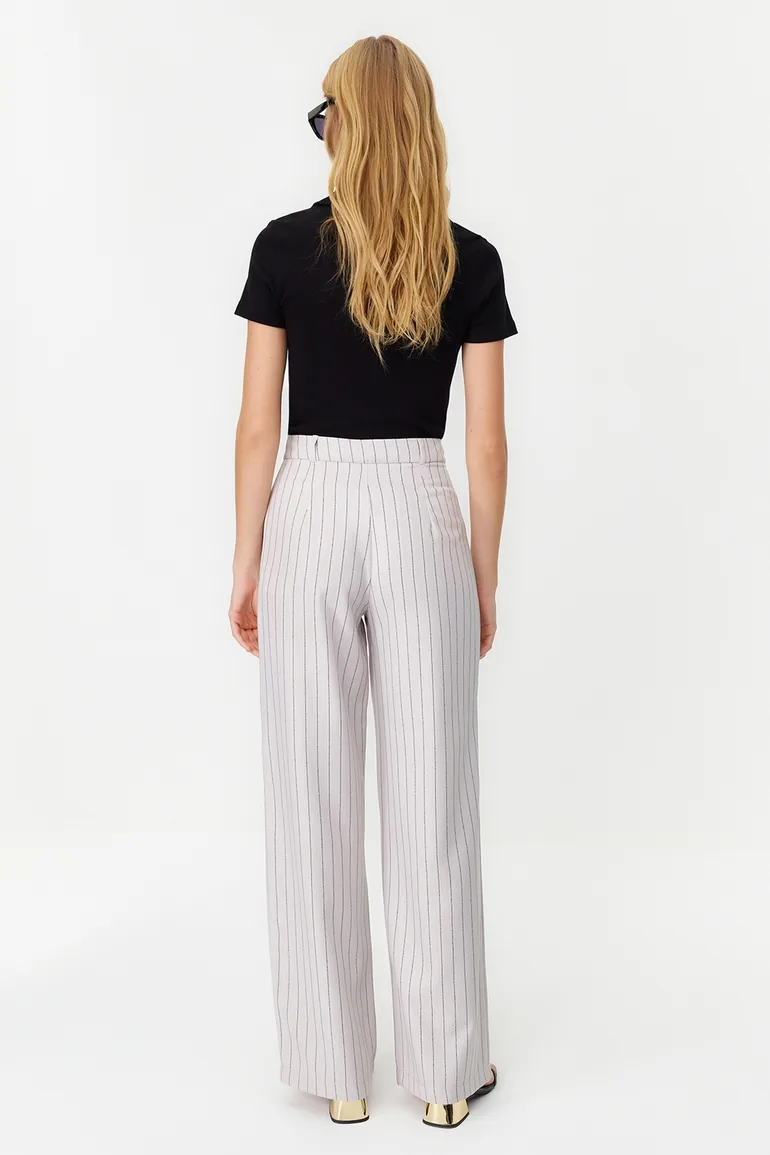 Gray High Waist Wide Leg Striped Woven Trousers - 5