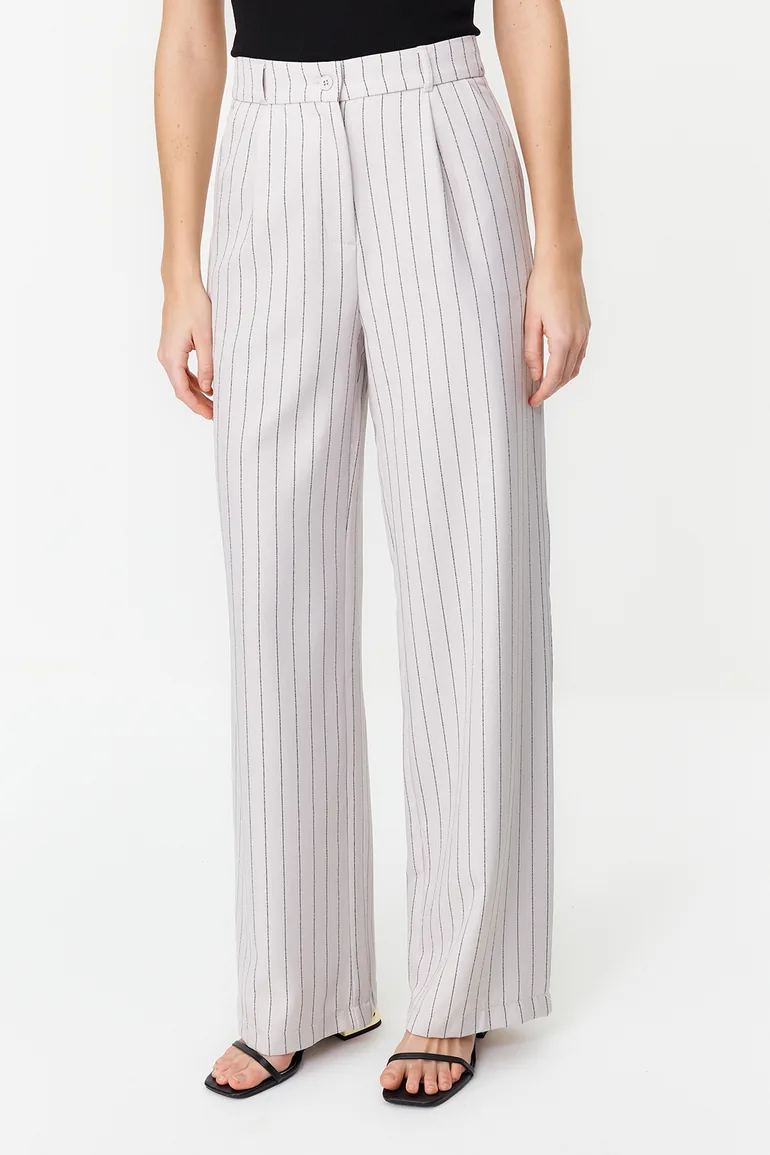 Gray High Waist Wide Leg Striped Woven Trousers - 4