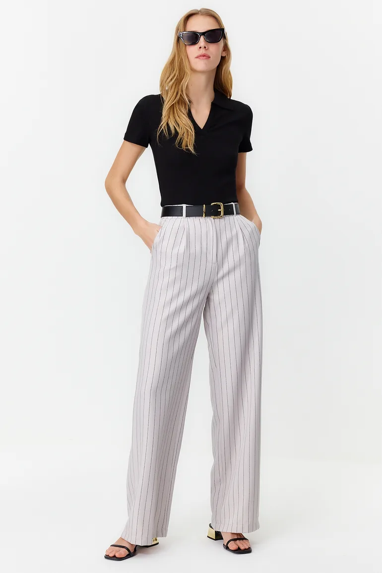 Gray High Waist Wide Leg Striped Woven Trousers