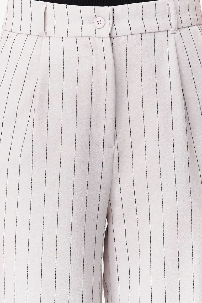 Gray High Waist Wide Leg Striped Woven Trousers - 3