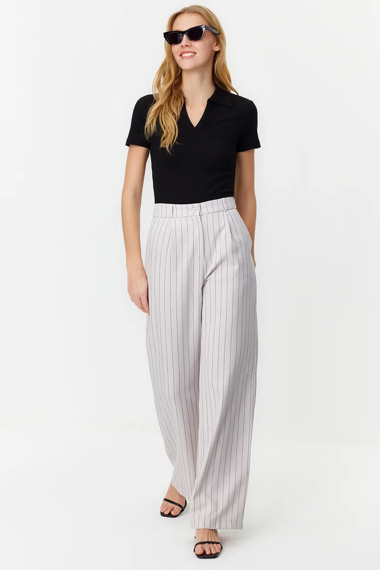 Gray High Waist Wide Leg Striped Woven Trousers - 2