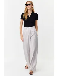 Gray High Waist Wide Leg Striped Woven Trousers - 2