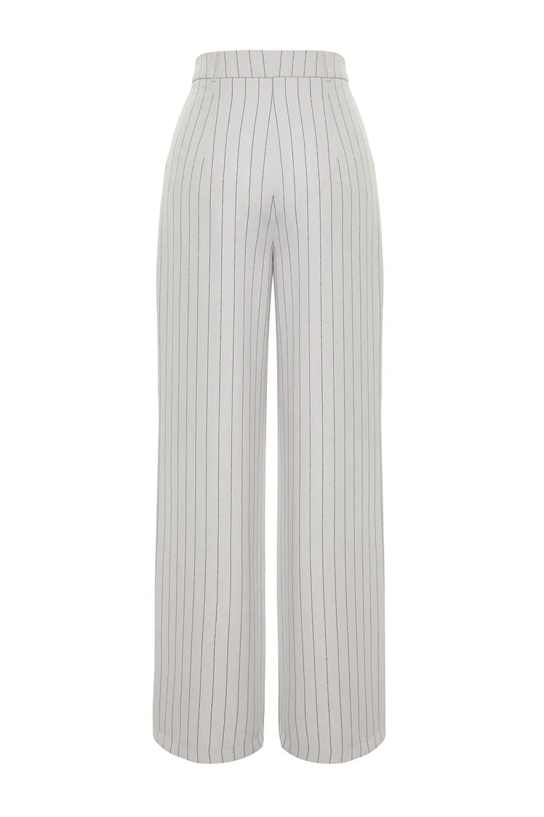 Gray High Waist Wide Leg Striped Woven Trousers - 7