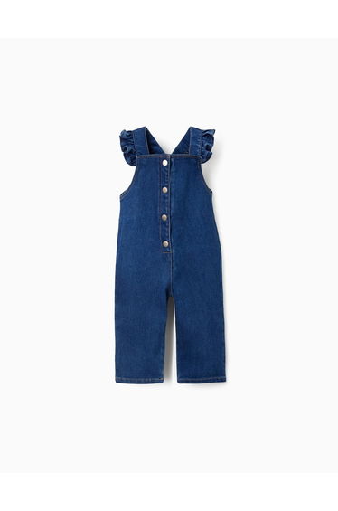 Denim jumpsuit with ruffled straps for baby girls dark blue