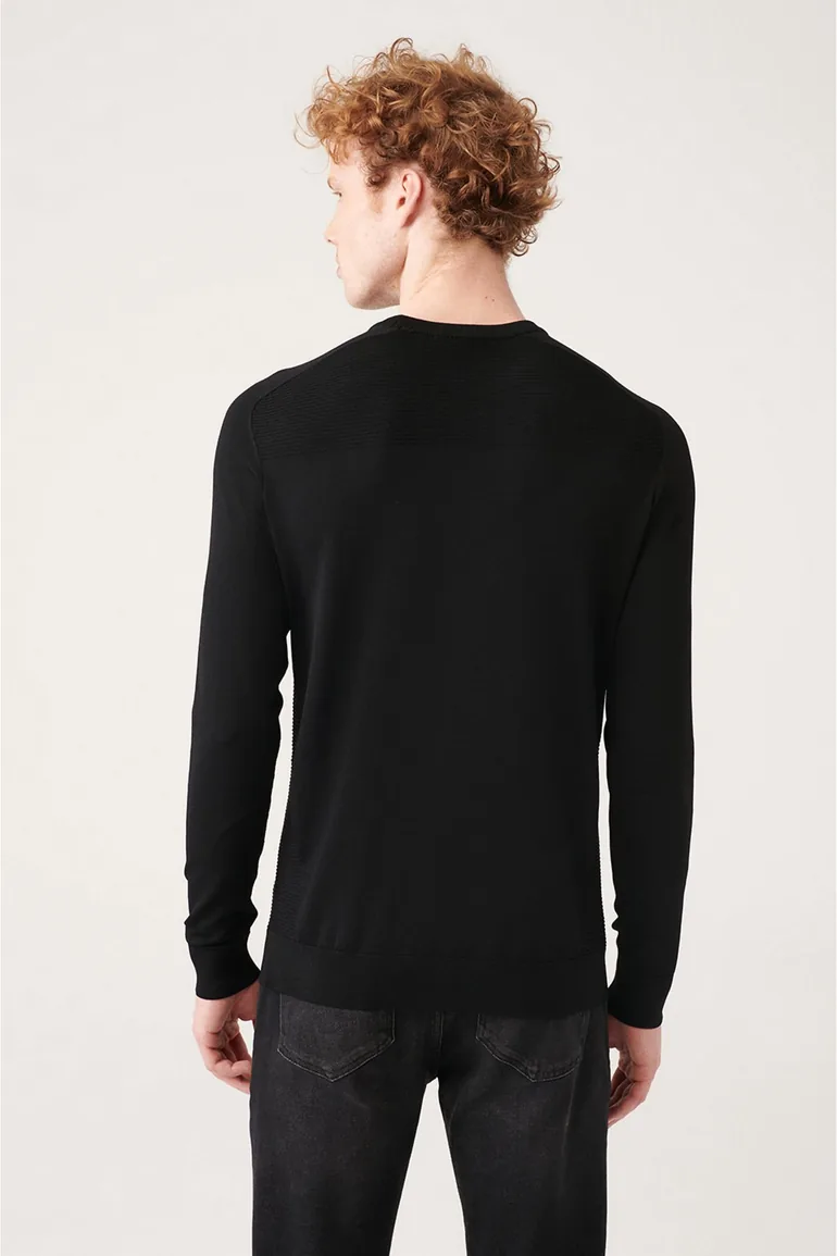 Men's Black Crew Neck Jacquard Rayon Slim Fit Slim Fit Knitwear - 3