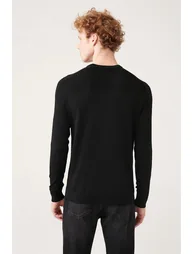 Men's Black Crew Neck Jacquard Rayon Slim Fit Slim Fit Knitwear - 3
