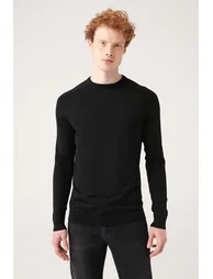 Men's Black Crew Neck Jacquard Rayon Slim Fit Slim Fit Knitwear - 2