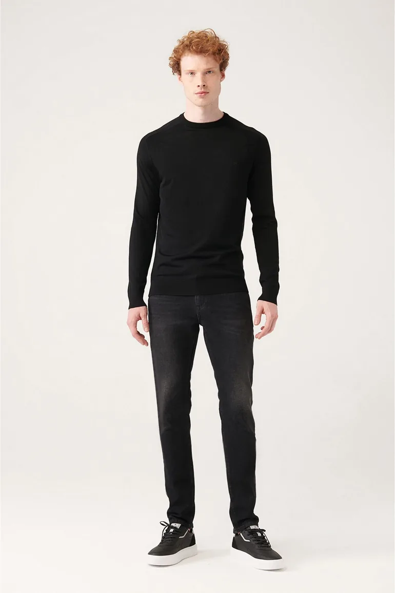 Men's Black Crew Neck Jacquard Rayon Slim Fit Slim Fit Knitwear