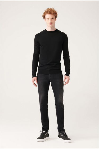 Men's Black Crew Neck Jacquard Rayon Slim Fit Slim Fit Knitwear