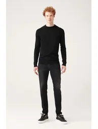 Men's Black Crew Neck Jacquard Rayon Slim Fit Slim Fit Knitwear