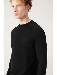 Men's Black Crew Neck Jacquard Rayon Slim Fit Slim Fit Knitwear - 4
