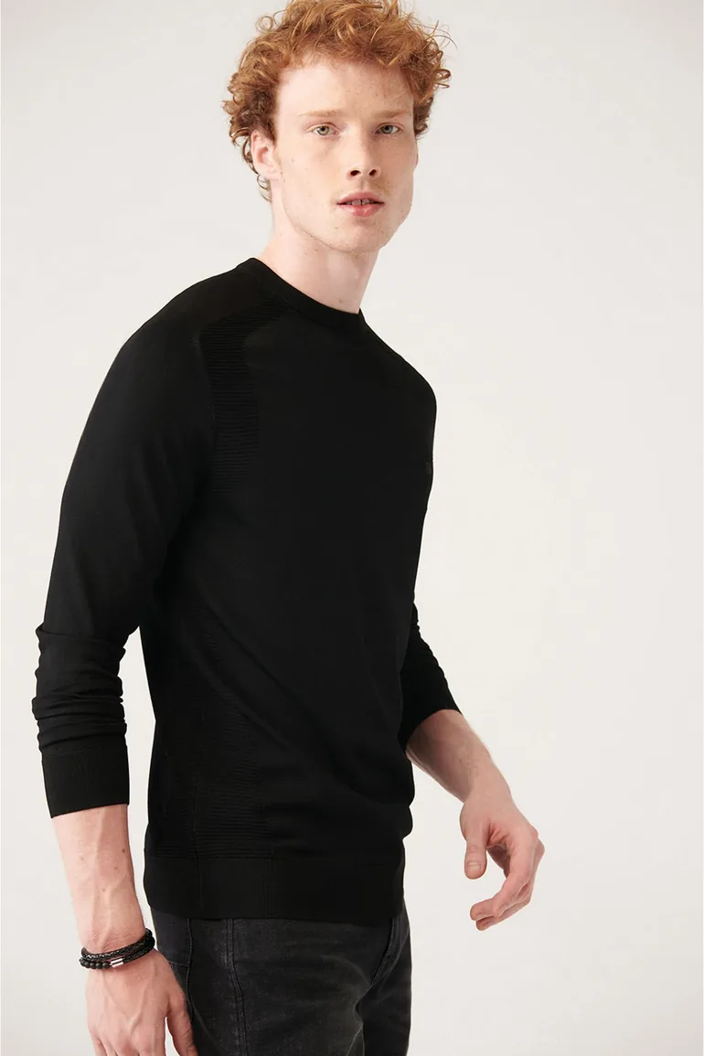 Men's Black Crew Neck Jacquard Rayon Slim Fit Slim Fit Knitwear - 1