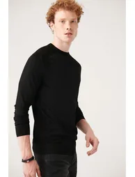 Men's Black Crew Neck Jacquard Rayon Slim Fit Slim Fit Knitwear - 1
