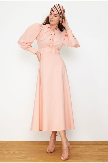 Pale Pink Eyelet Detailed Cotton Woven Dress