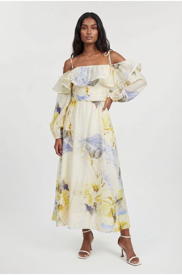 Petite Blue Floral Off The Shoulder Shirred Woven Maxi Dress