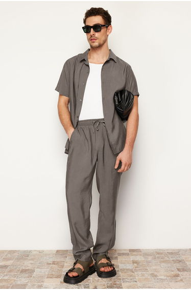 Men's Khaki Regular Fit 100% Modal Trousers with Elastic Waist