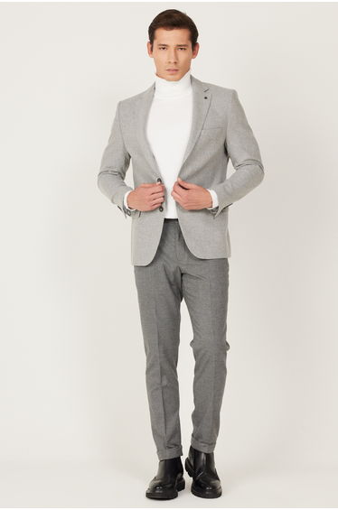 Men's Gray Slim Fit Slim Fit Mono Collar Patterned Woolen Blazer Jacket