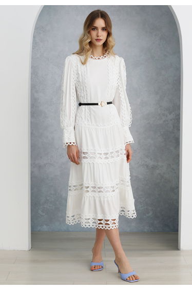 Belted Cutwork Lace Trim Bubble Sleeve Midi Dress in White