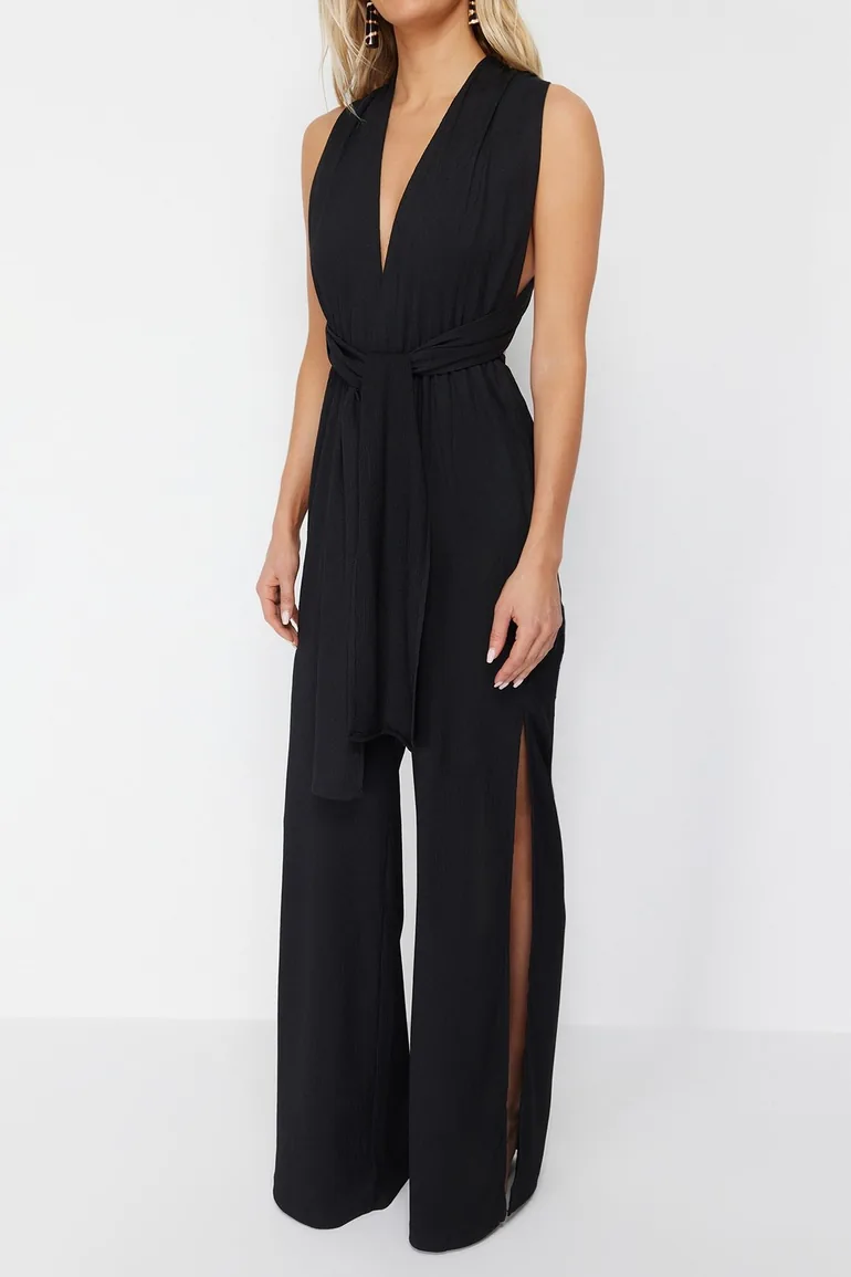 Black Belted Woven Jumpsuit - 2