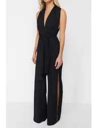 Black Belted Woven Jumpsuit - 2