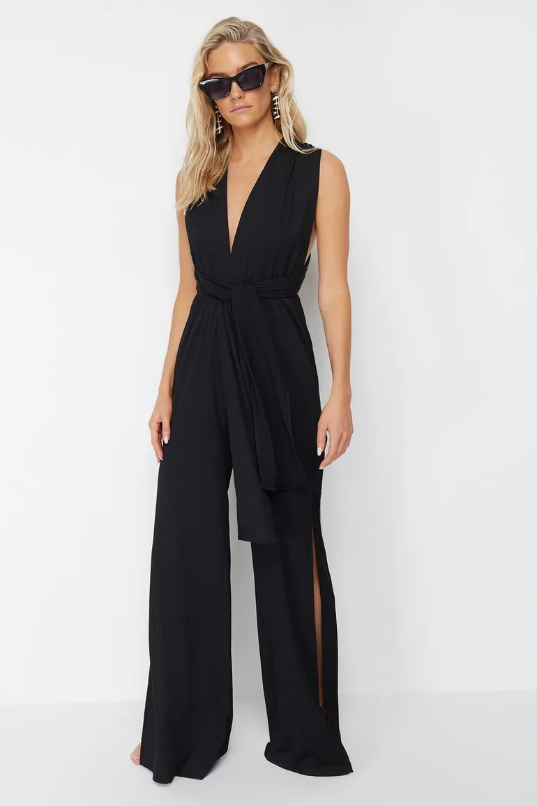 Black Belted Woven Jumpsuit - 4