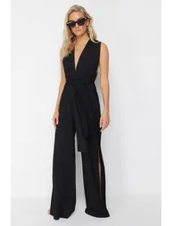 Black Belted Woven Jumpsuit - 4