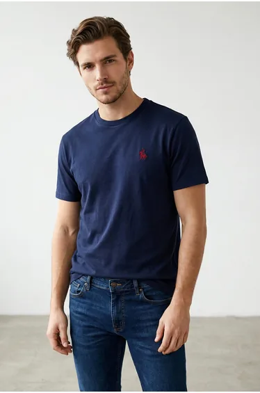 Navy Blue Regular Cut Embroidery Detailed 100% Cotton T-Shirt
