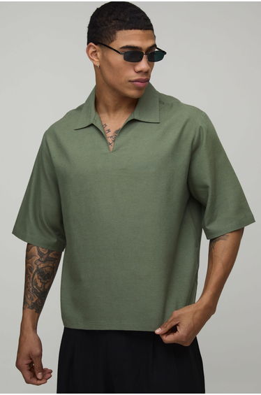 Linen Blend Boxy V Neck Polo - olive