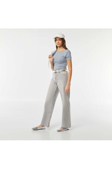 Backless cropped stretch knit T-shirt BLUE